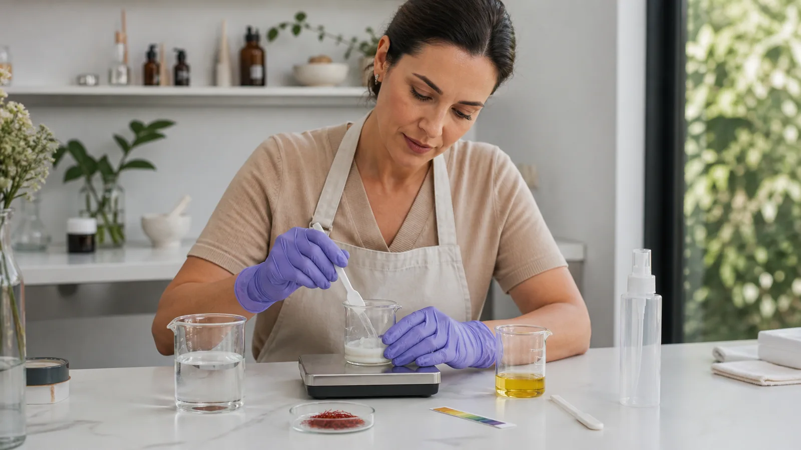 Woman measuring separate cosmetic cream phases beside genuine saffron threads at a clean worktable