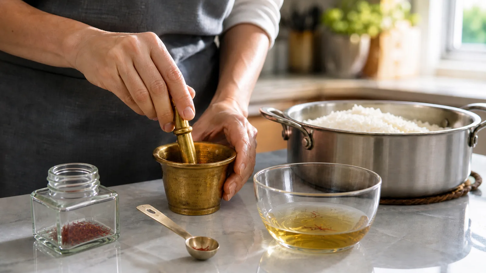 Cook gently crushing a small measured amount of saffron beside a warm infusion and pot of rice