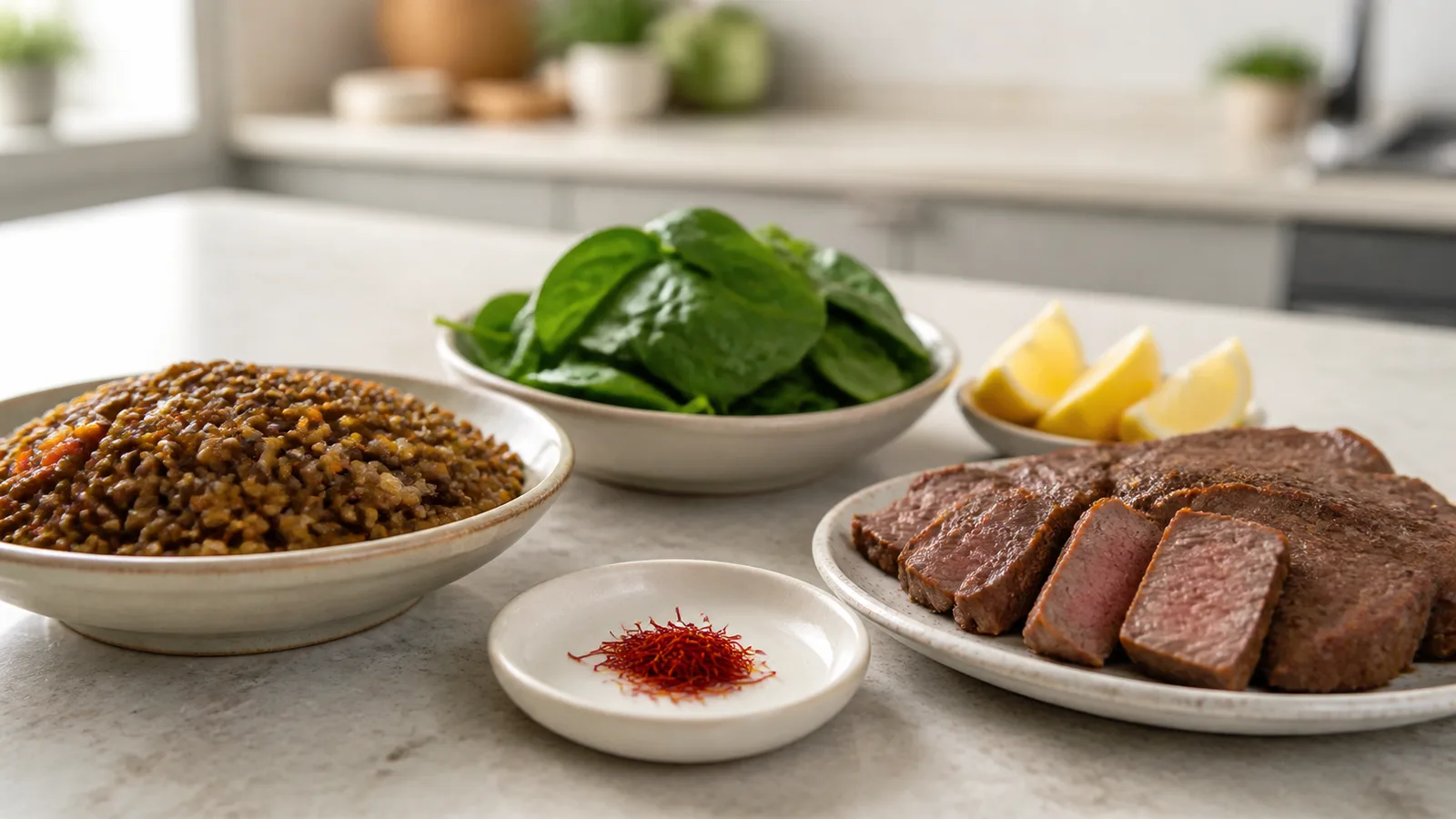 Small pinch of saffron beside lentils spinach lemon and lean beef