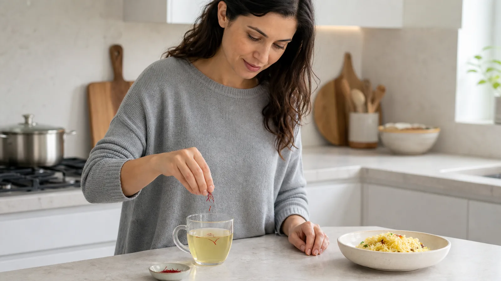 Woman adding a small pinch of saffron to a warm infusion