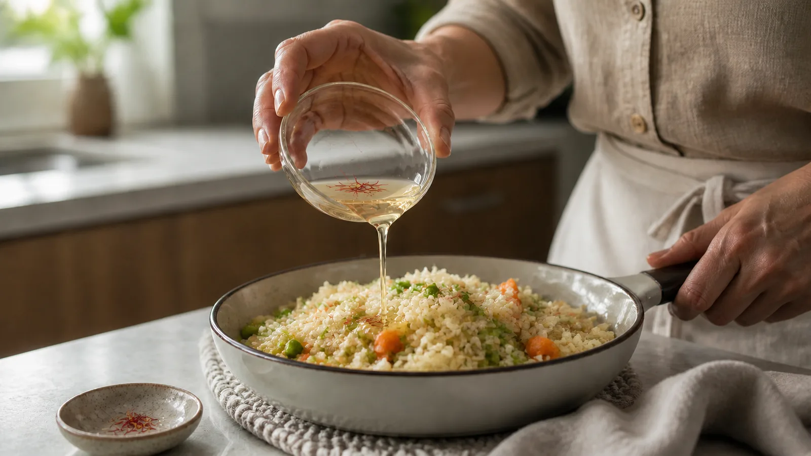 Cook pouring a light saffron infusion over rice and vegetables