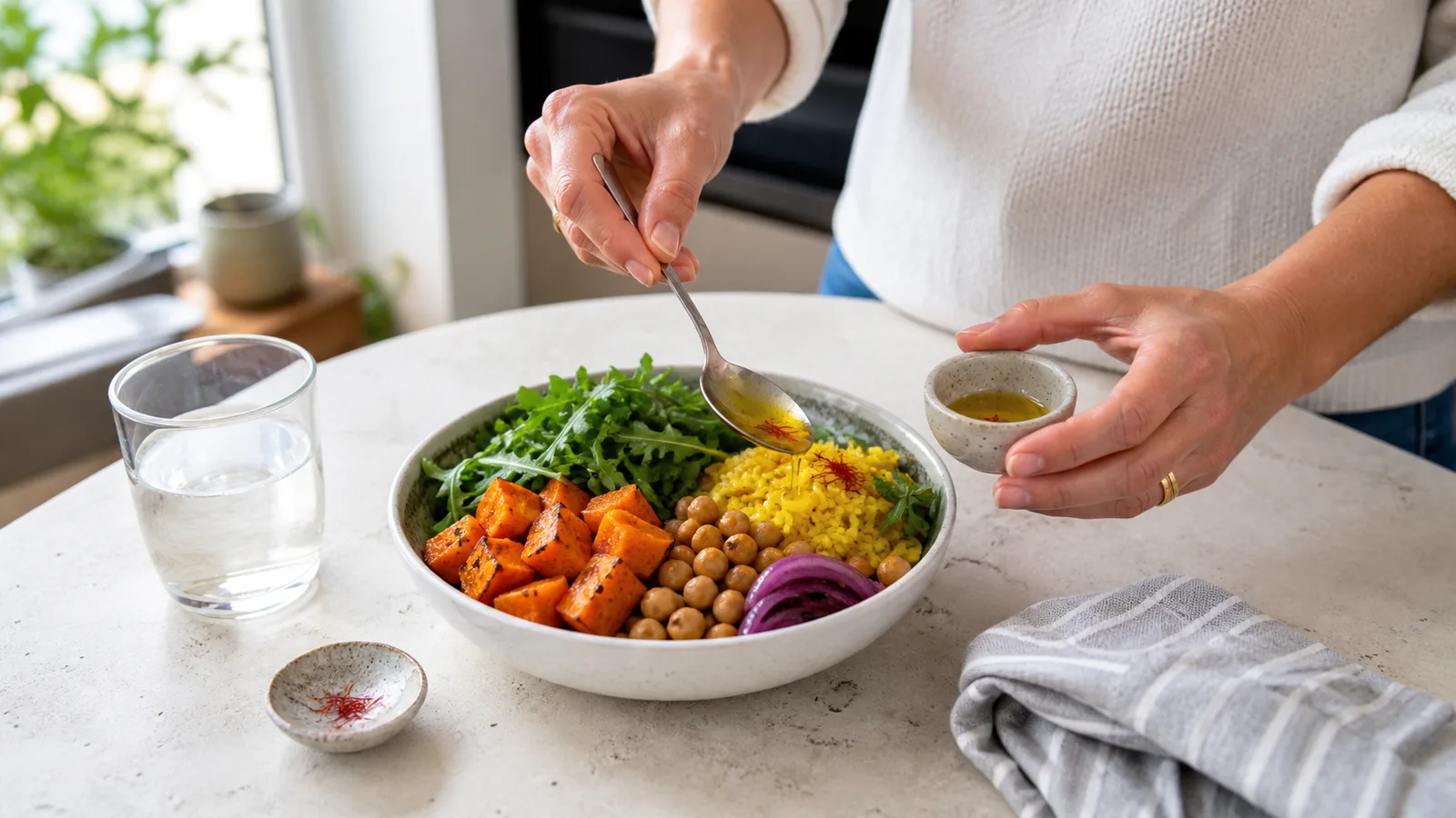 Cook adding saffron infusion to a balanced vegetable chickpea and rice bowl