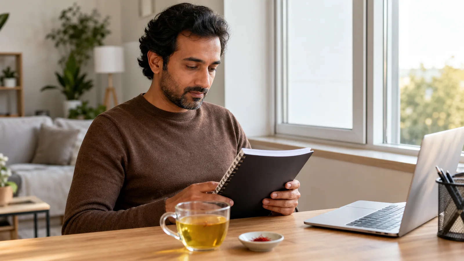 Alert relaxed man reading beside a cup of saffron infusion