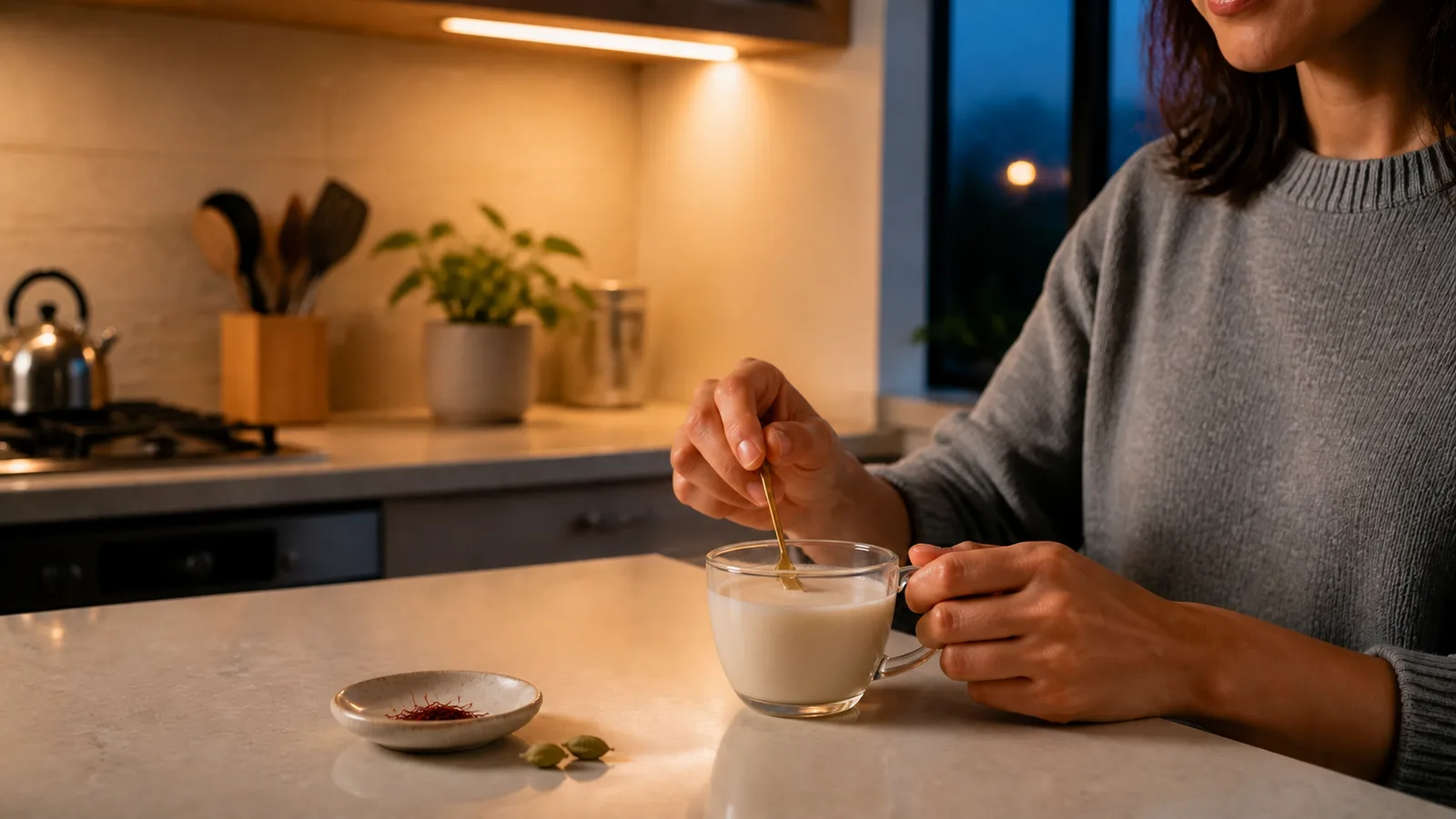 Woman stirring a lightly infused cup of saffron milk in an evening kitchen
