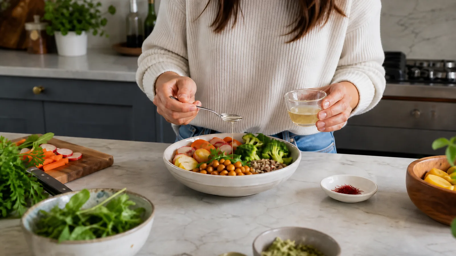 Woman adding a pale saffron infusion to a balanced vegetable and grain bowl