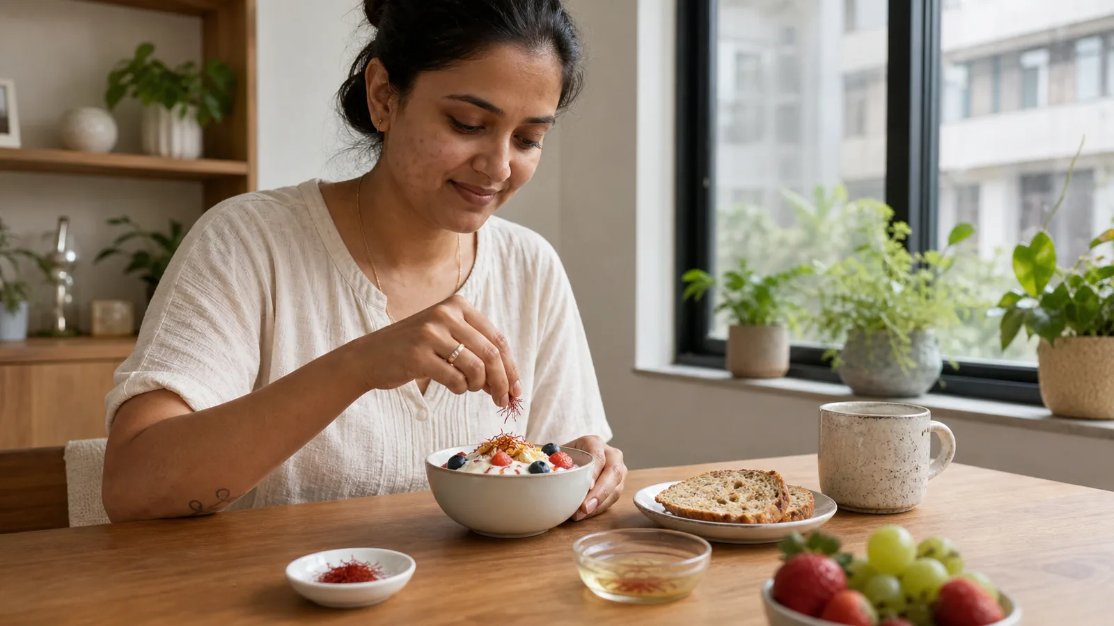 Woman with natural skin texture adding saffron threads to a breakfast bowl