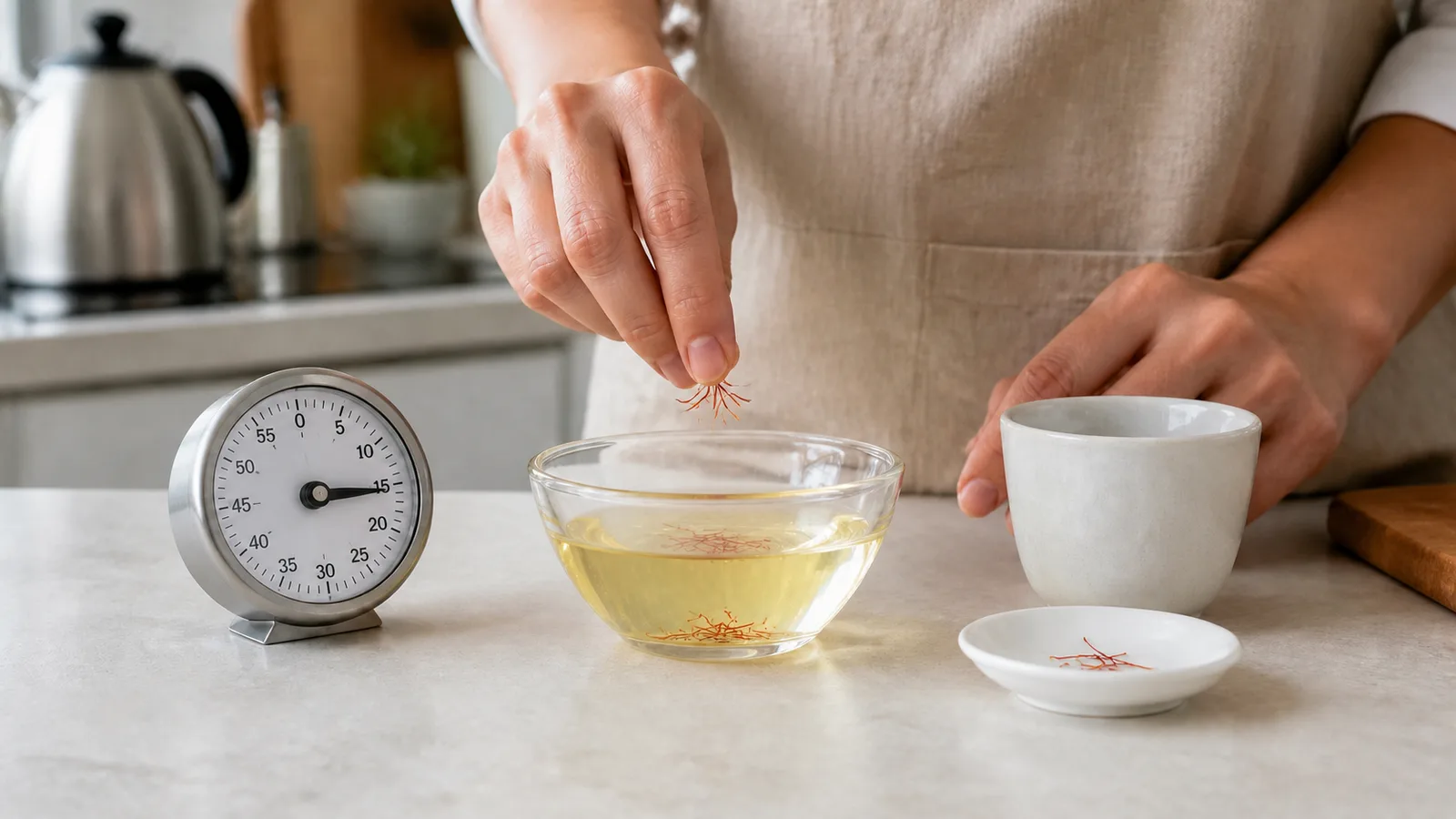 Saffron threads soaking in warm water beside a timer set to fifteen minutes