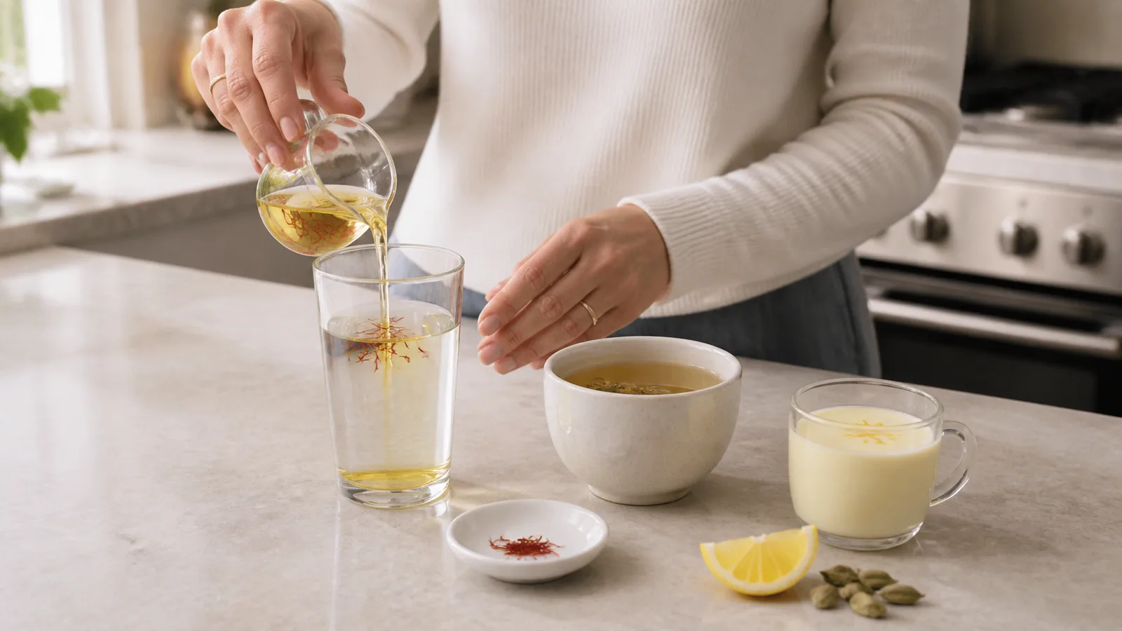 Woman preparing saffron water beside herbal tea and lightly infused milk