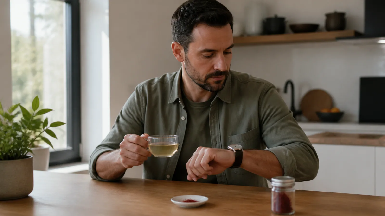 Man checking an analog watch while holding a pale saffron infusion