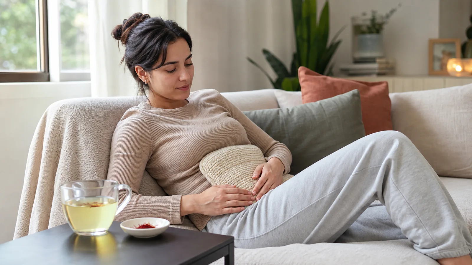 Woman resting with a warm compress beside a pale saffron infusion