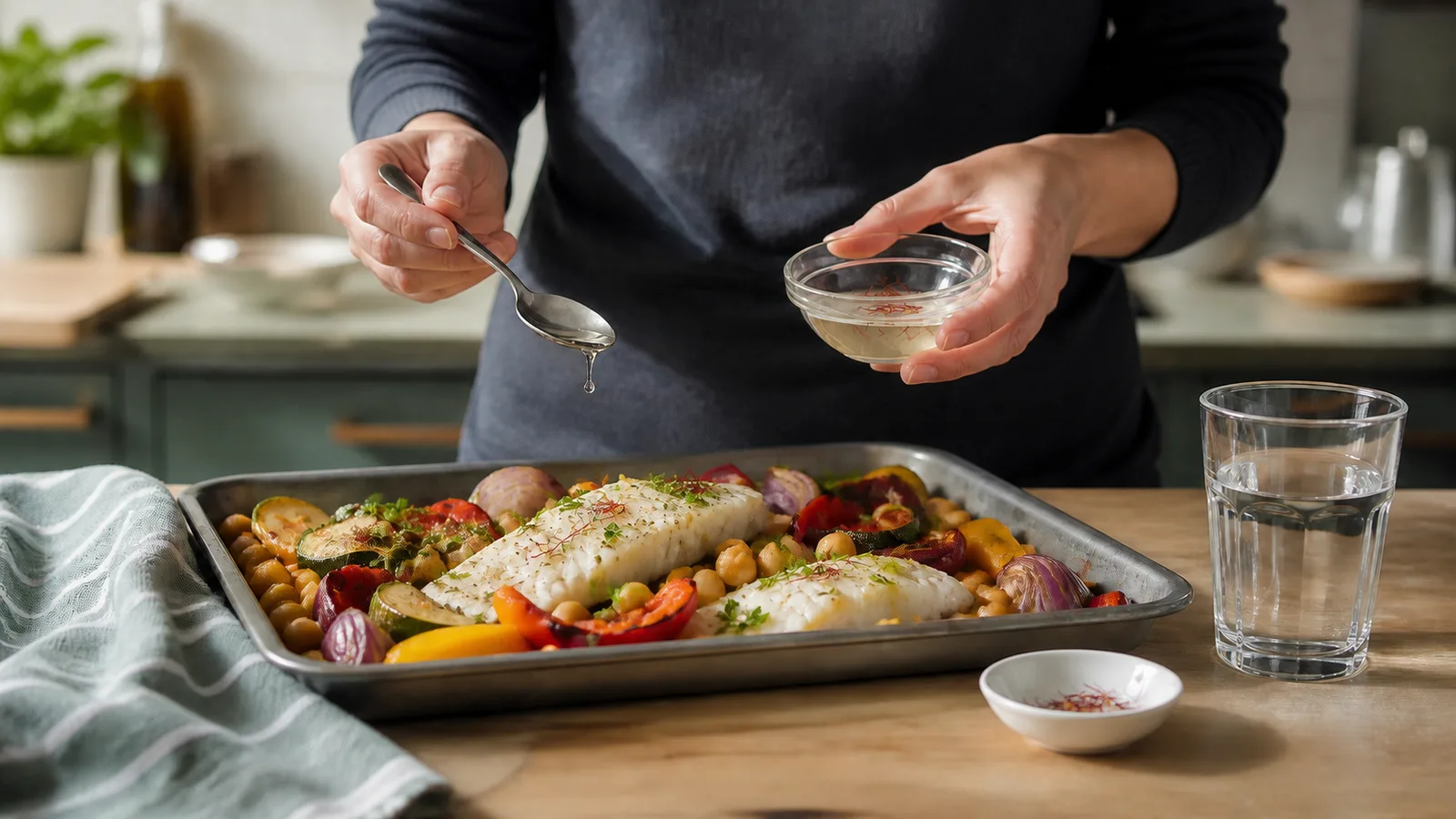 Person adding a pale saffron infusion to fish vegetables and chickpeas