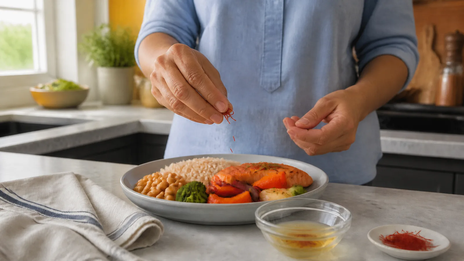 Person adding a small pinch of saffron to salmon vegetables chickpeas and brown rice