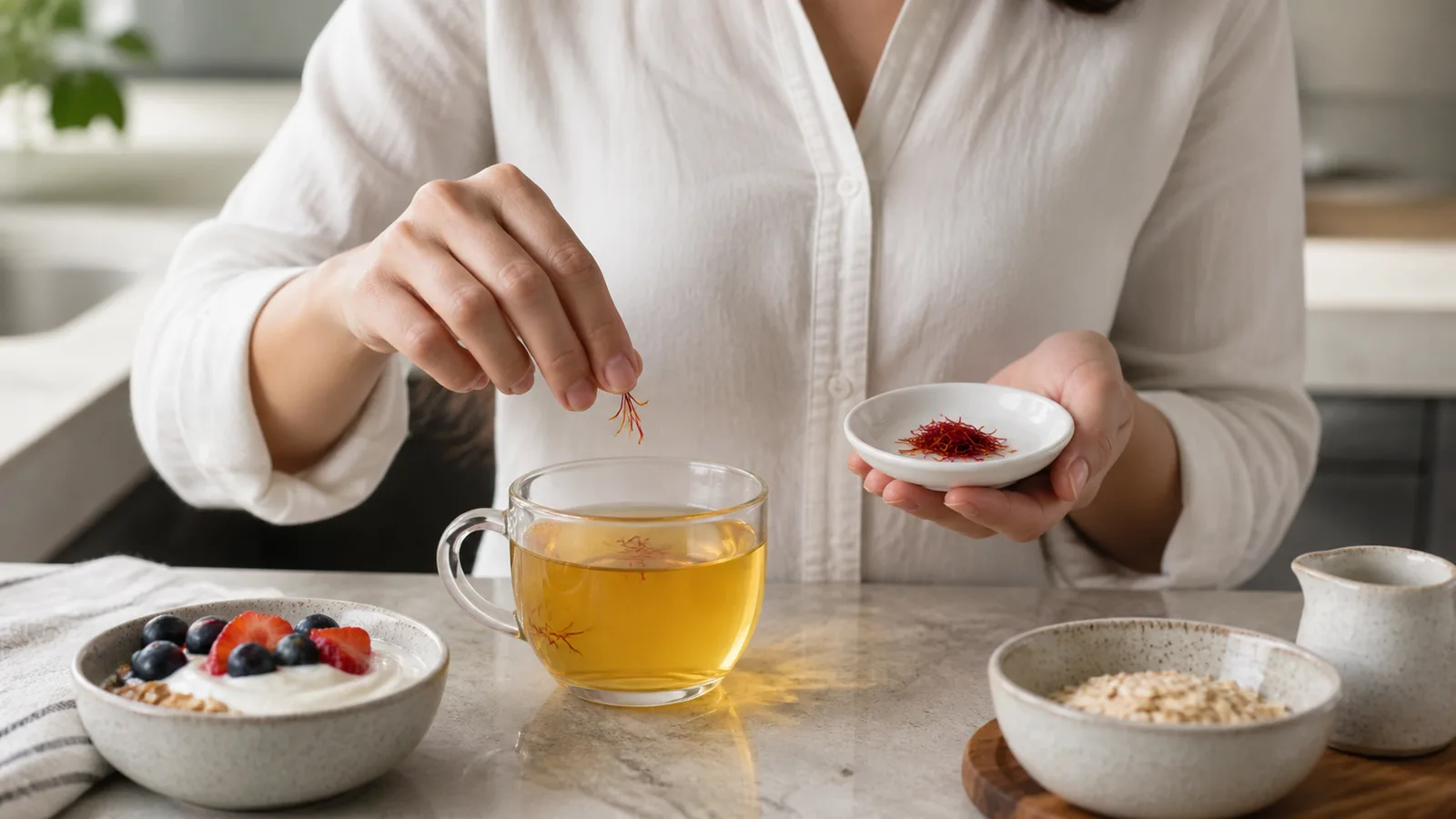 Adult adding a modest pinch of saffron threads to tea beside a balanced breakfast