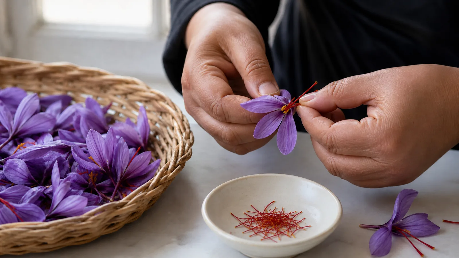 Hands separating three red saffron stigmas from a purple crocus flower