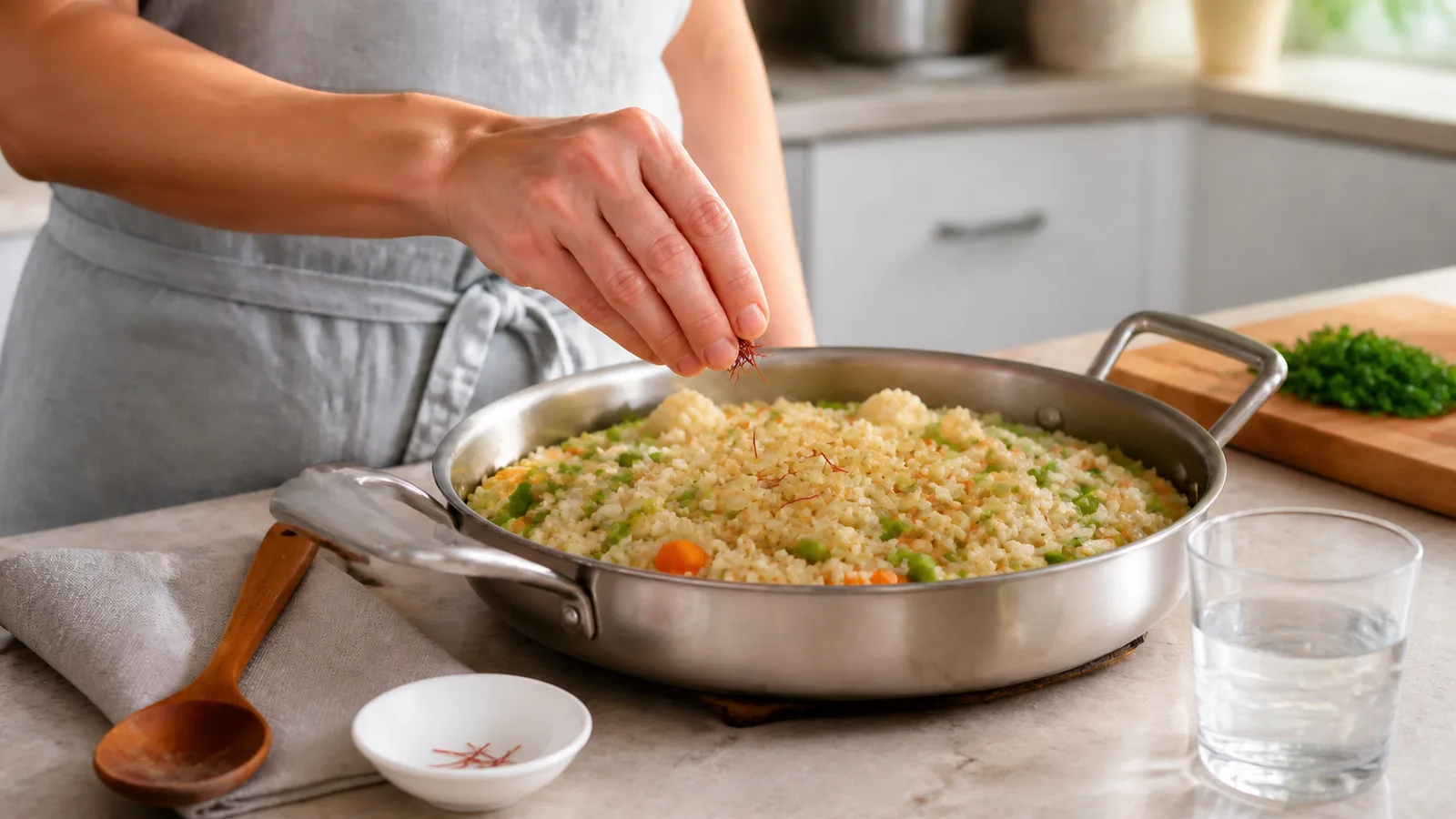 Adult adding a modest pinch of saffron threads to vegetable rice in a home kitchen
