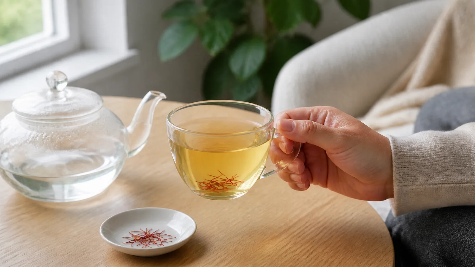 Hand holding a clear cup of pale golden saffron tea beside a glass teapot and saffron threads