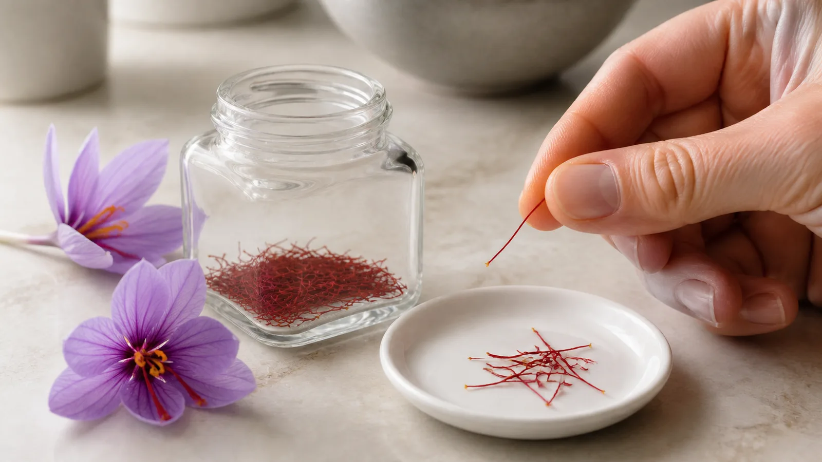 Hand examining one real saffron thread beside a small glass jar and purple crocus flowers