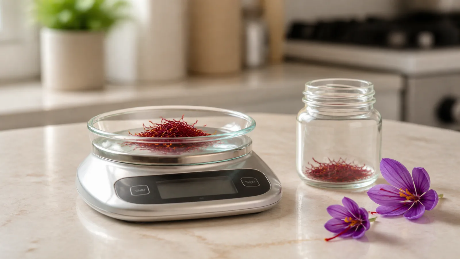 Three grams of saffron threads weighed on a digital kitchen scale
