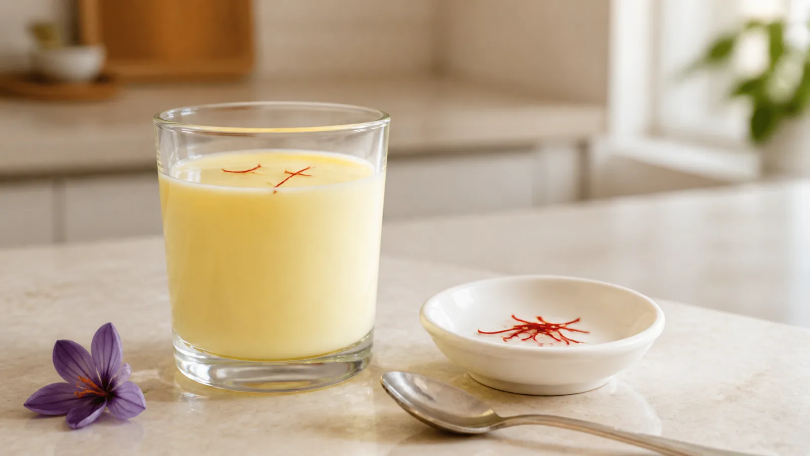 One glass of golden saffron milk with a small dish of saffron threads