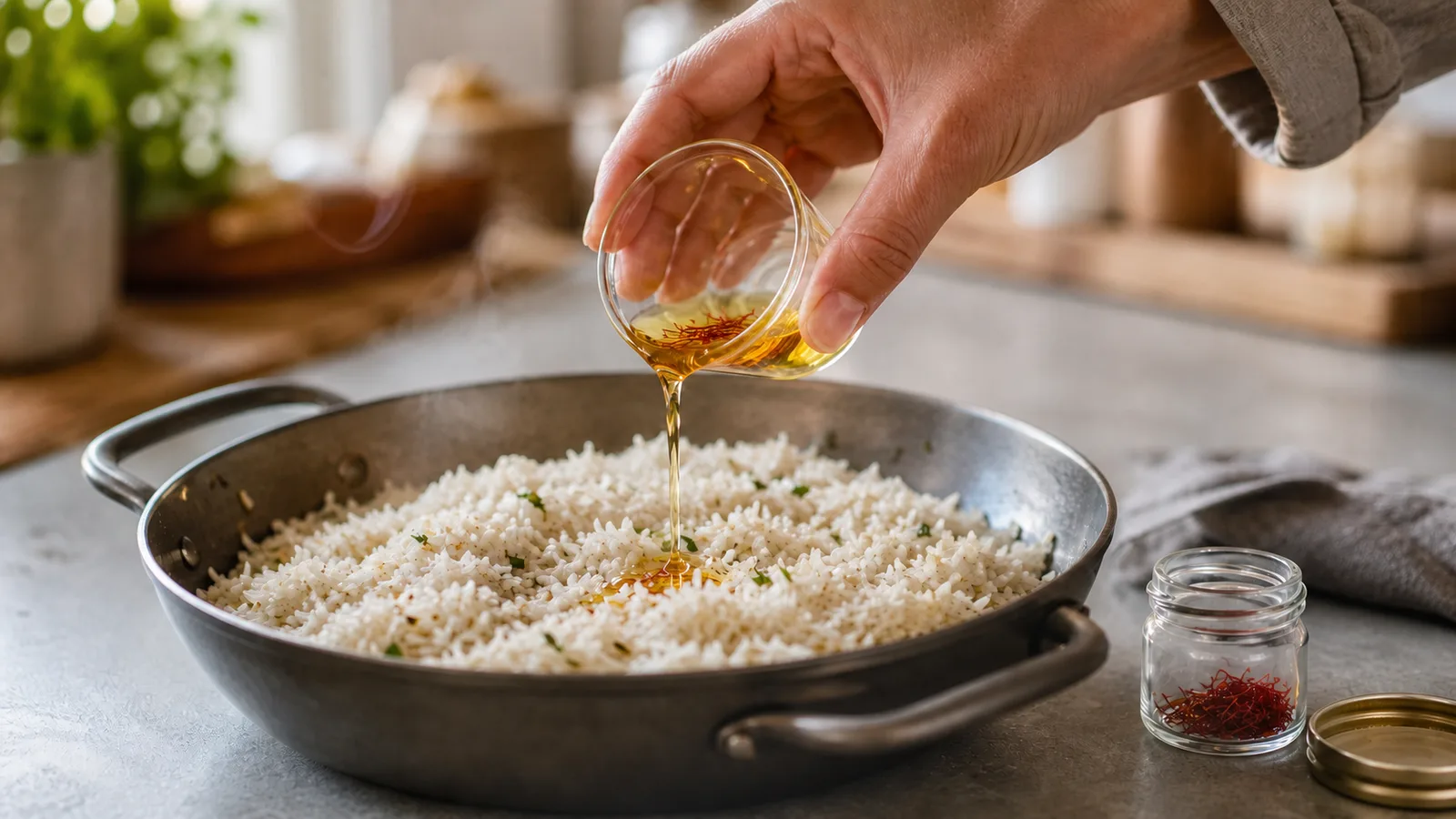 A small saffron infusion poured into rice beside a jar of threads