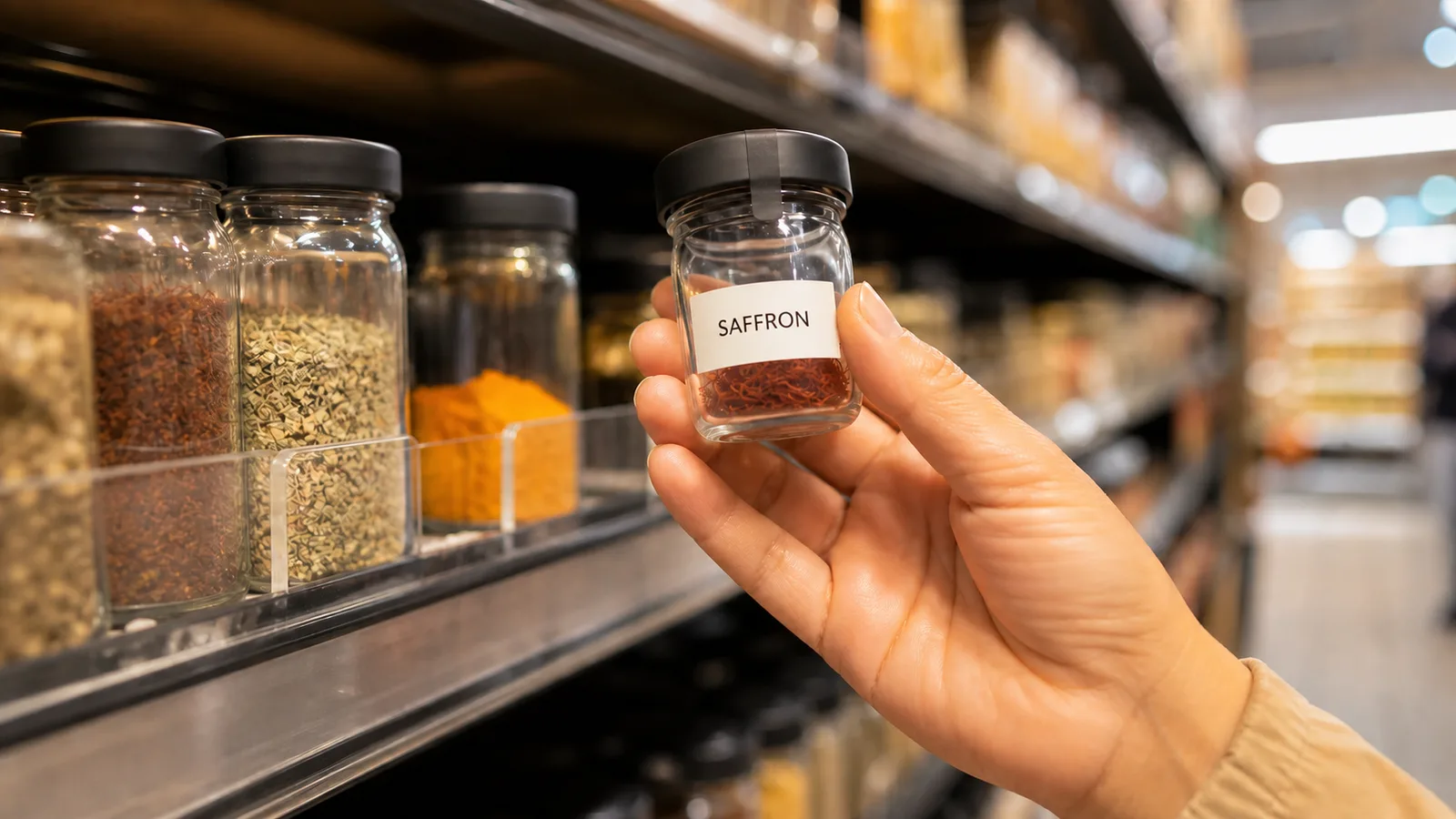 Shopper holding a small jar of saffron in a supermarket spice aisle