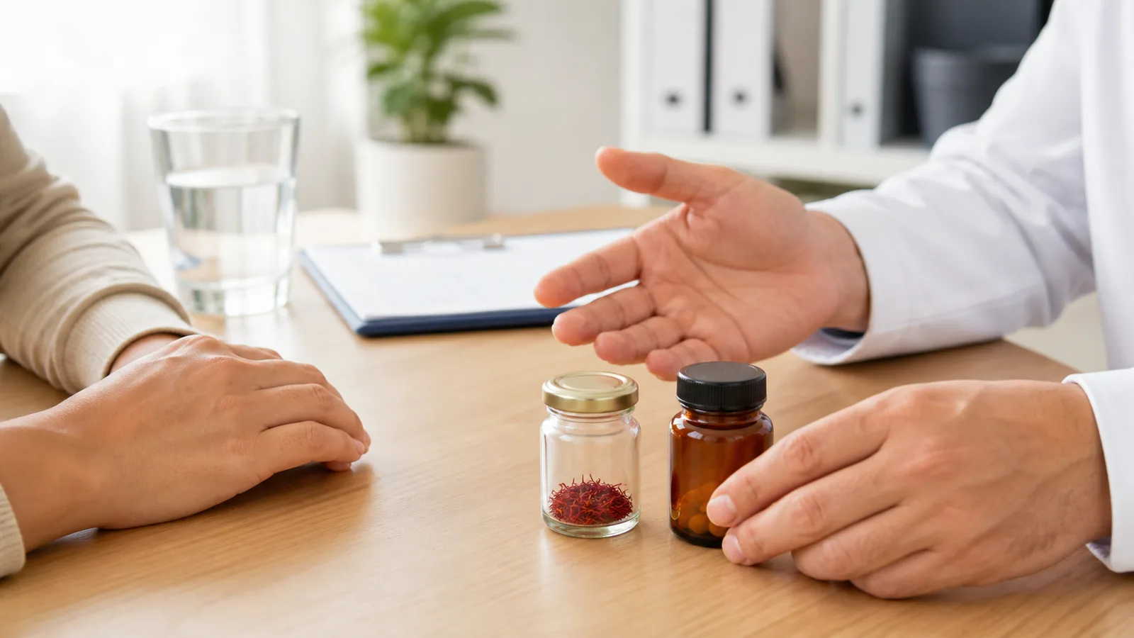 Healthcare professional discussing saffron threads and a supplement bottle