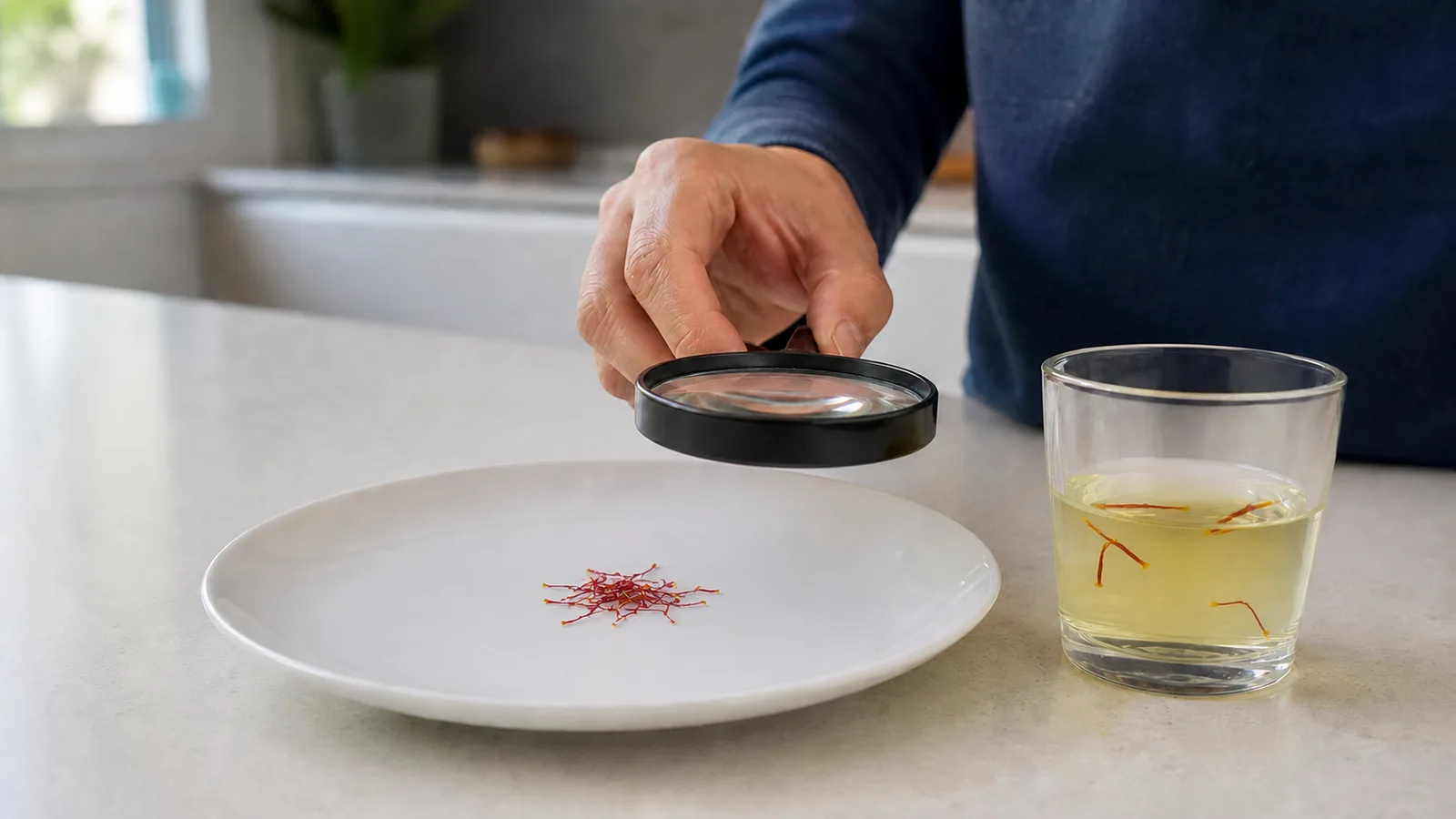 Inspecting saffron threads with a magnifying glass beside a golden water infusion