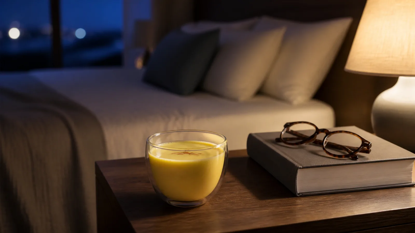 Warm saffron milk on a bedside table beside a book and reading glasses