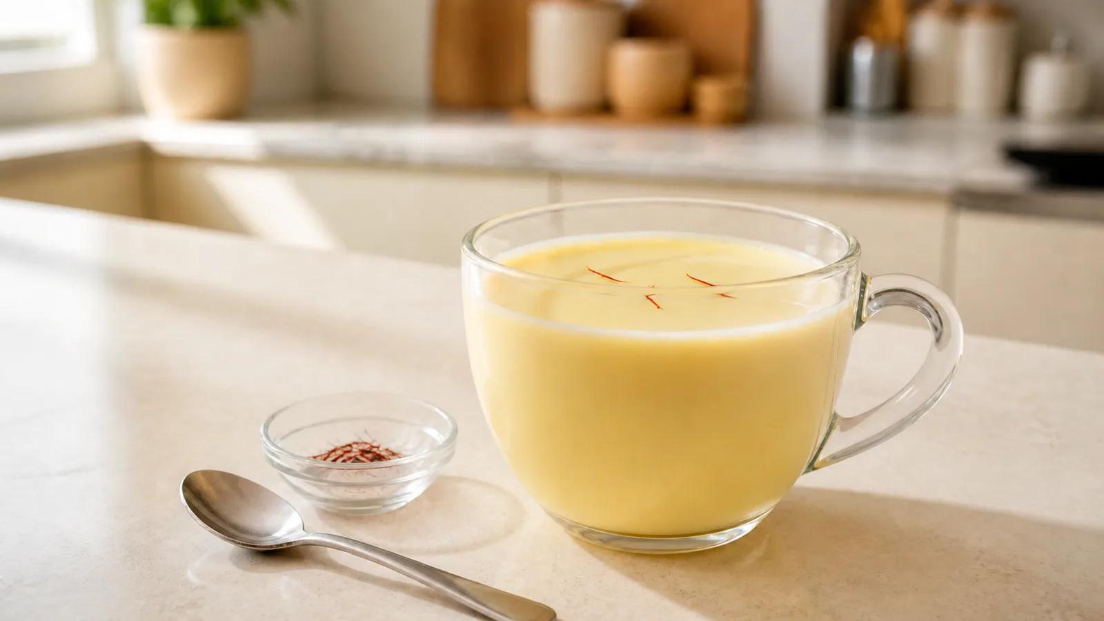 Warm golden saffron milk with a small culinary pinch of saffron threads