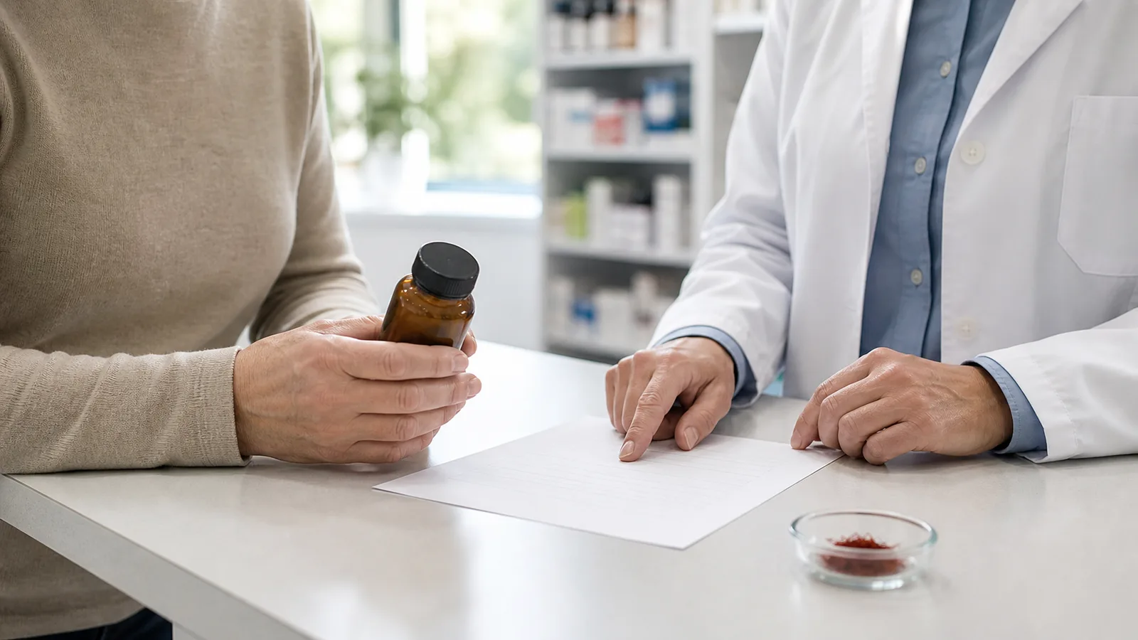 Pharmacist reviewing a supplement bottle beside saffron threads