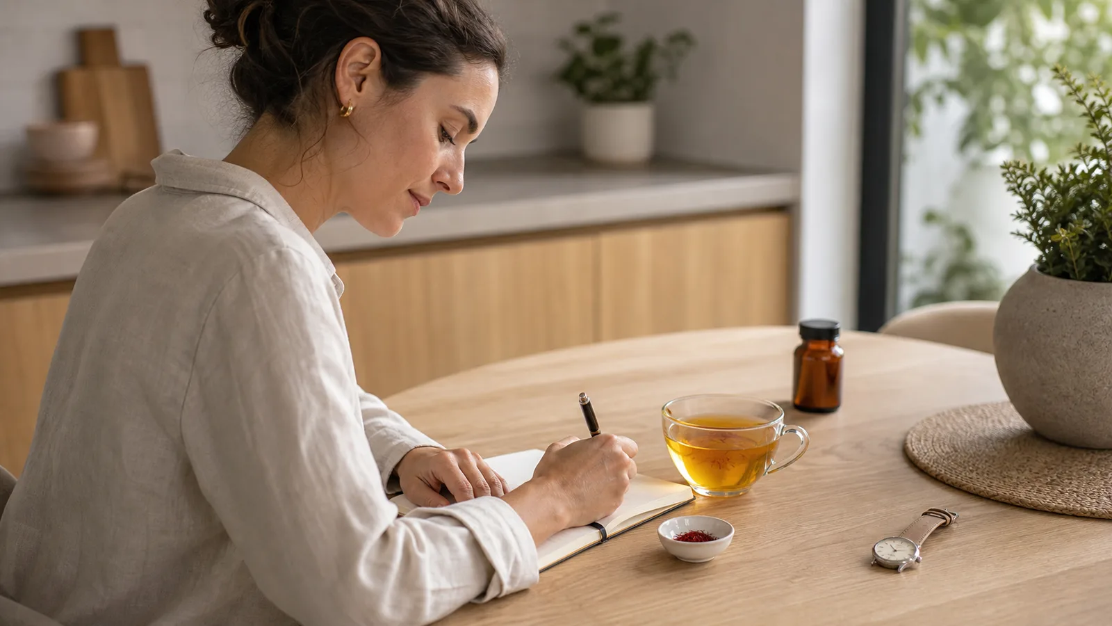 Woman tracking her mood in a journal beside saffron tea and saffron threads