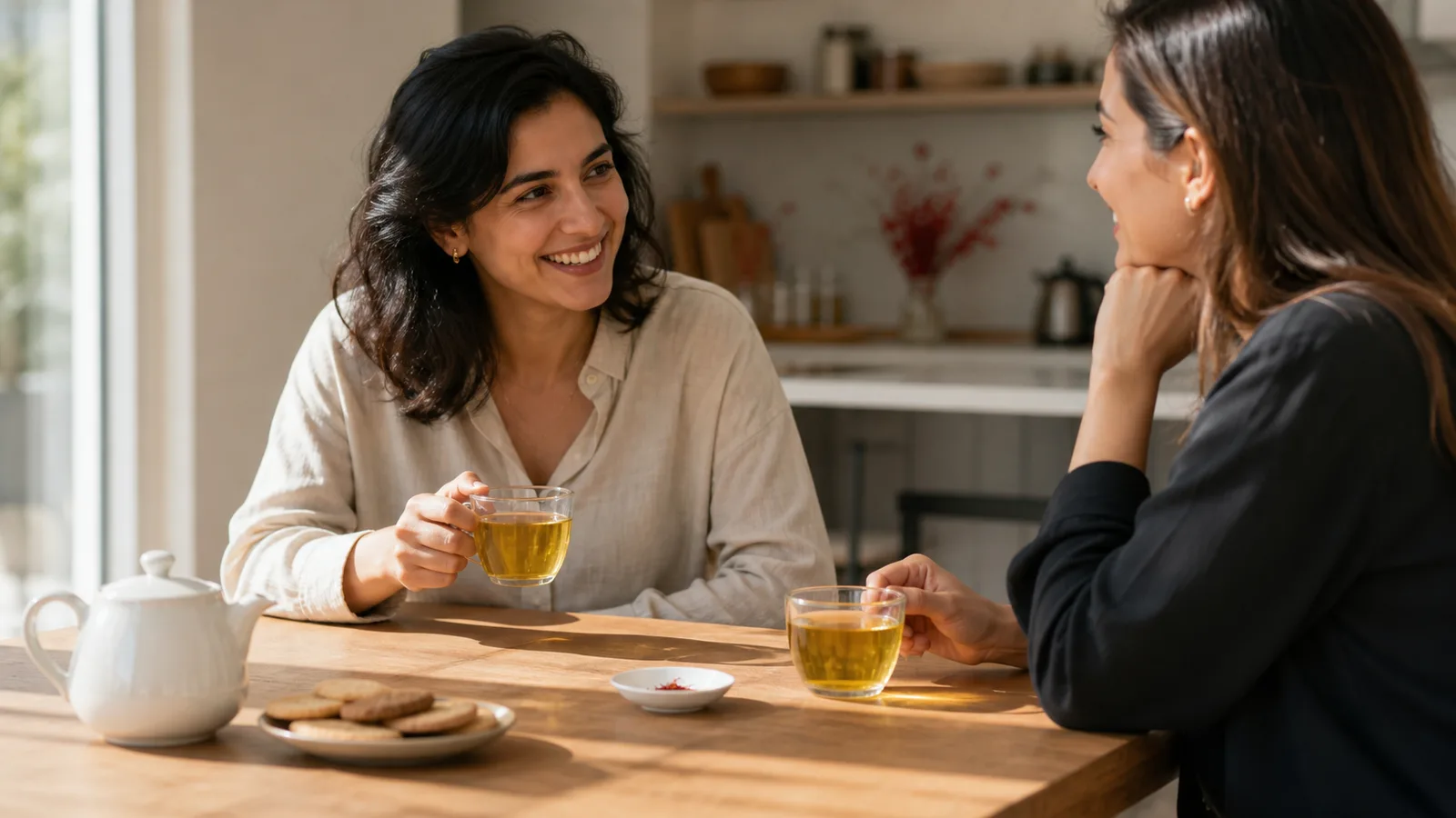 Two friends enjoying saffron tea during a relaxed conversation