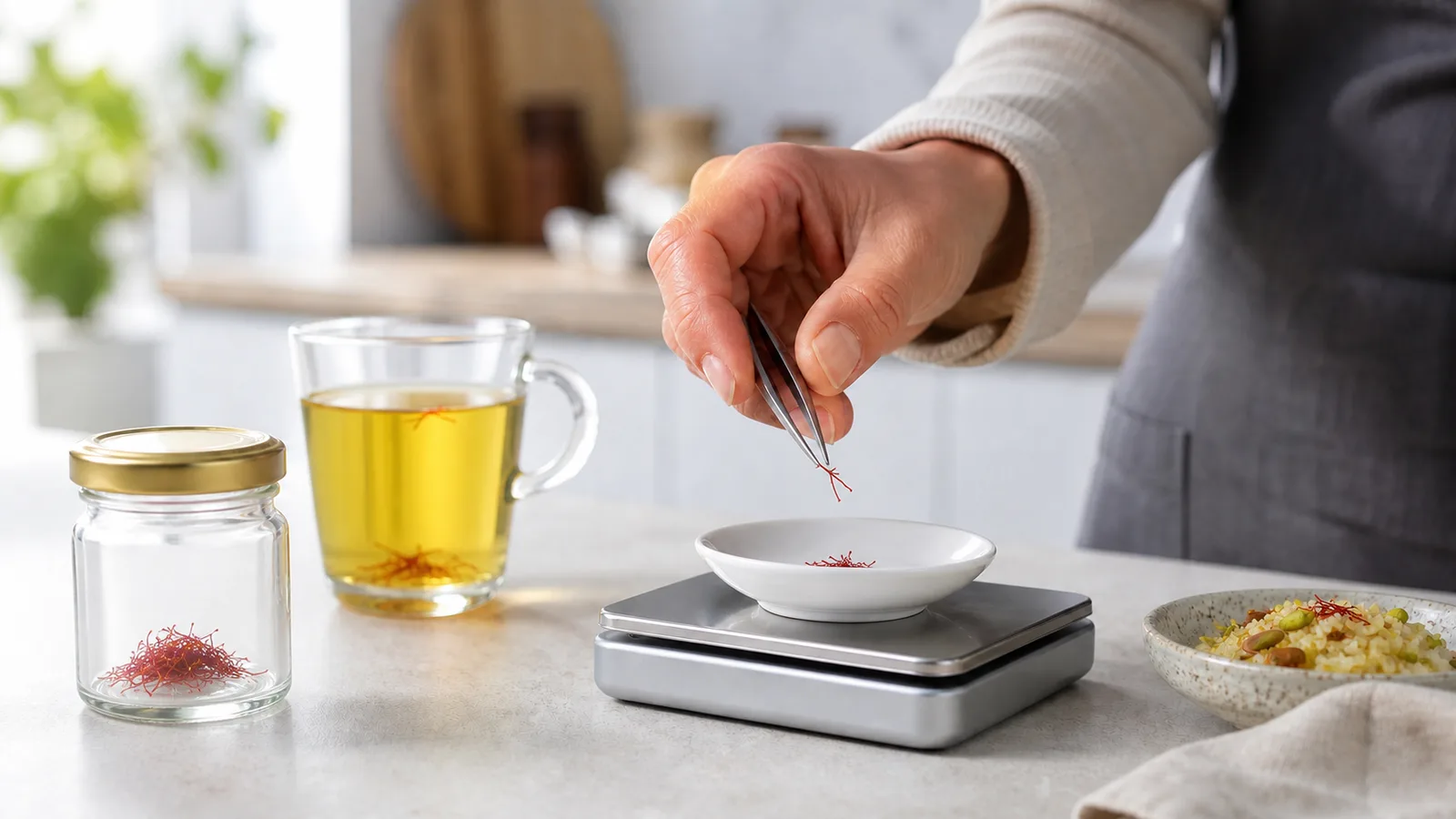 Hand weighing a small amount of saffron threads on a kitchen scale