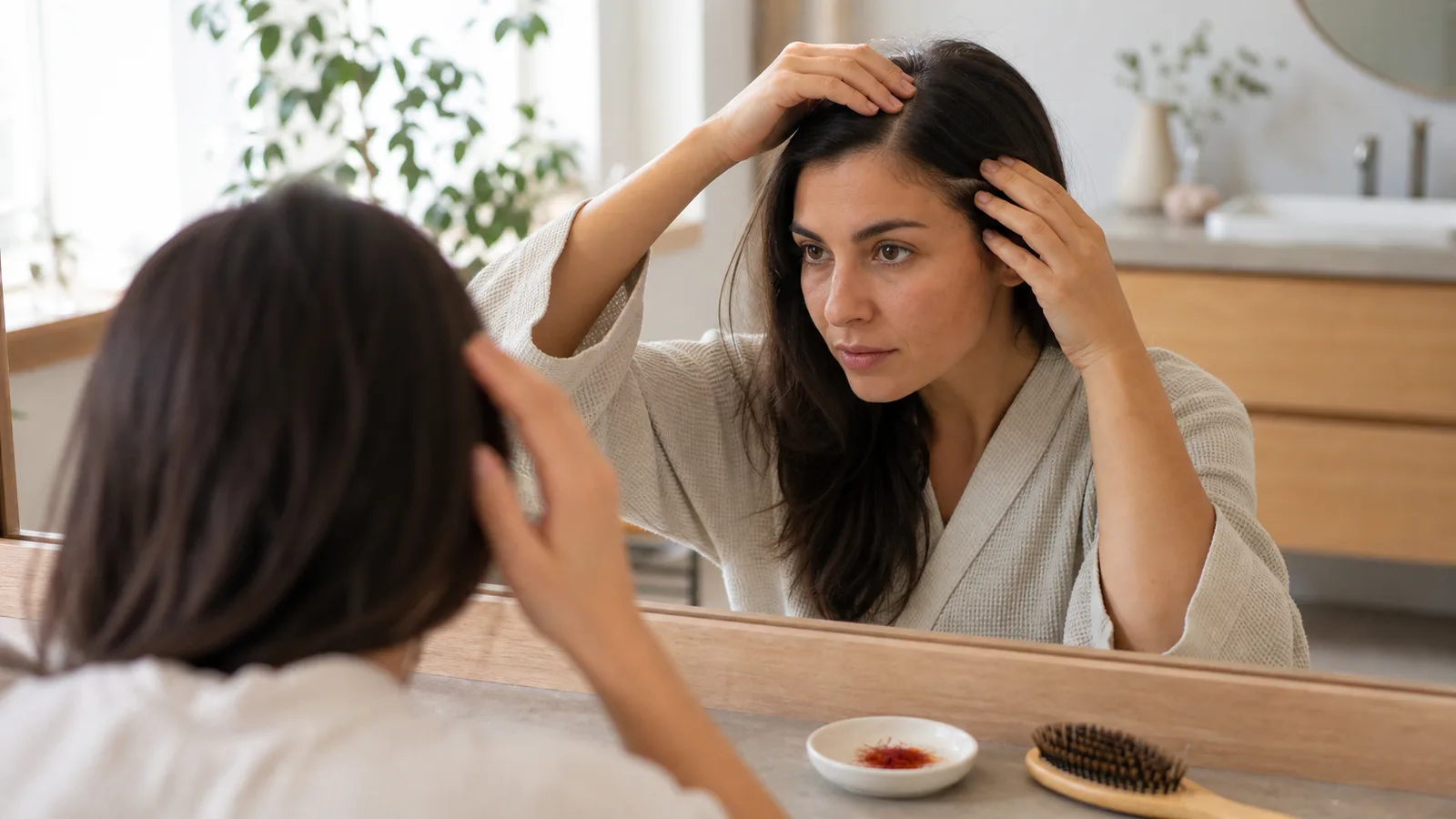 Woman checking her hair beside a small dish of saffron threads