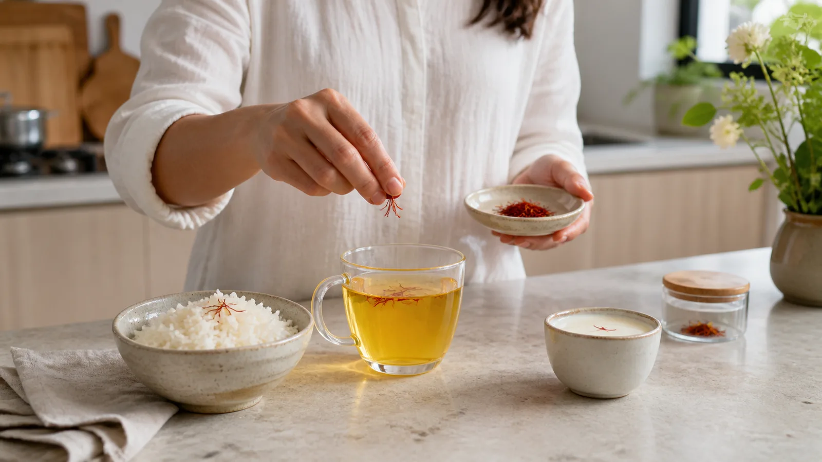 Person adding a few saffron threads to a golden infusion beside rice and milk