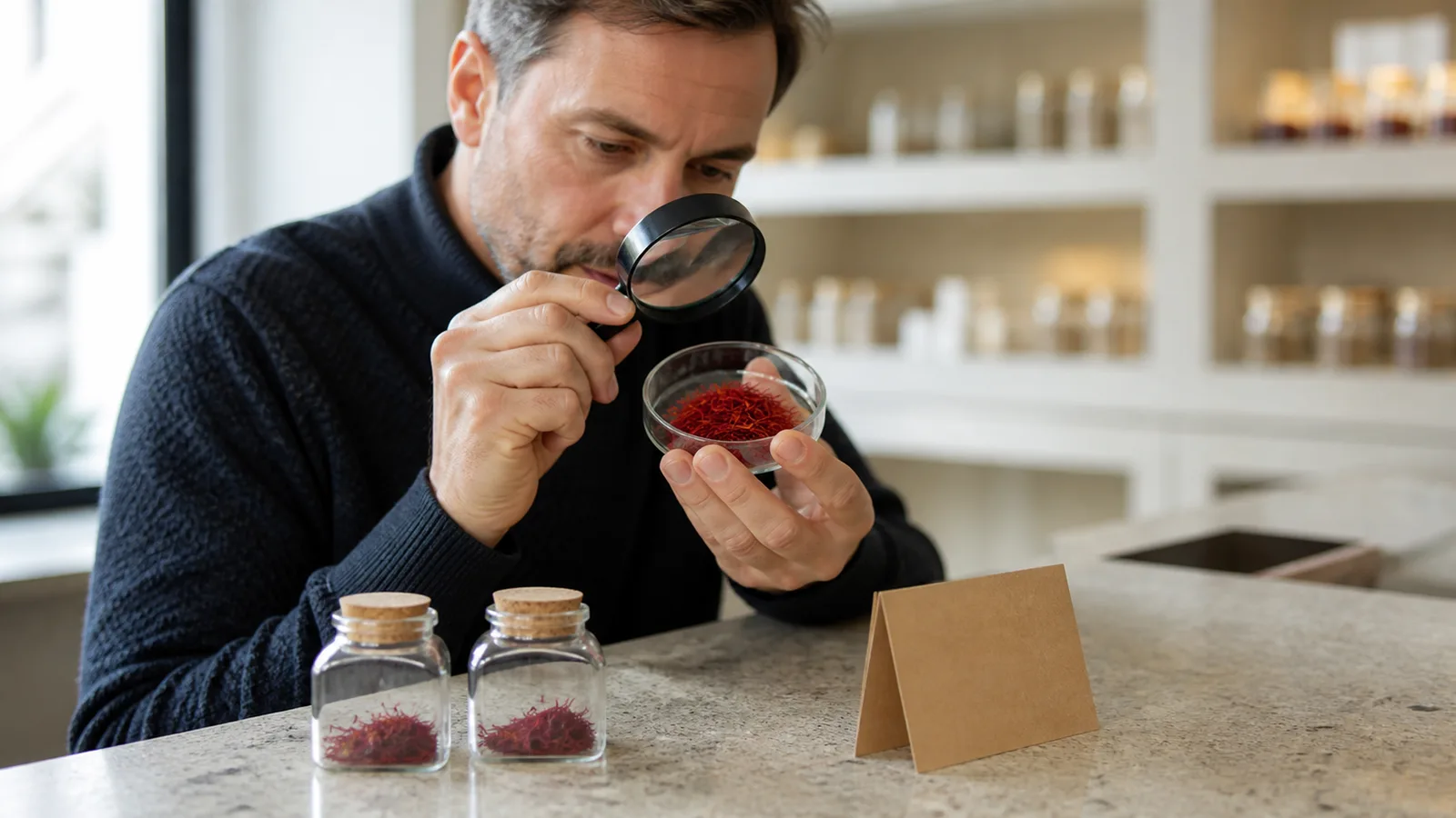 Person inspecting saffron threads with a magnifying glass beside two sample jars