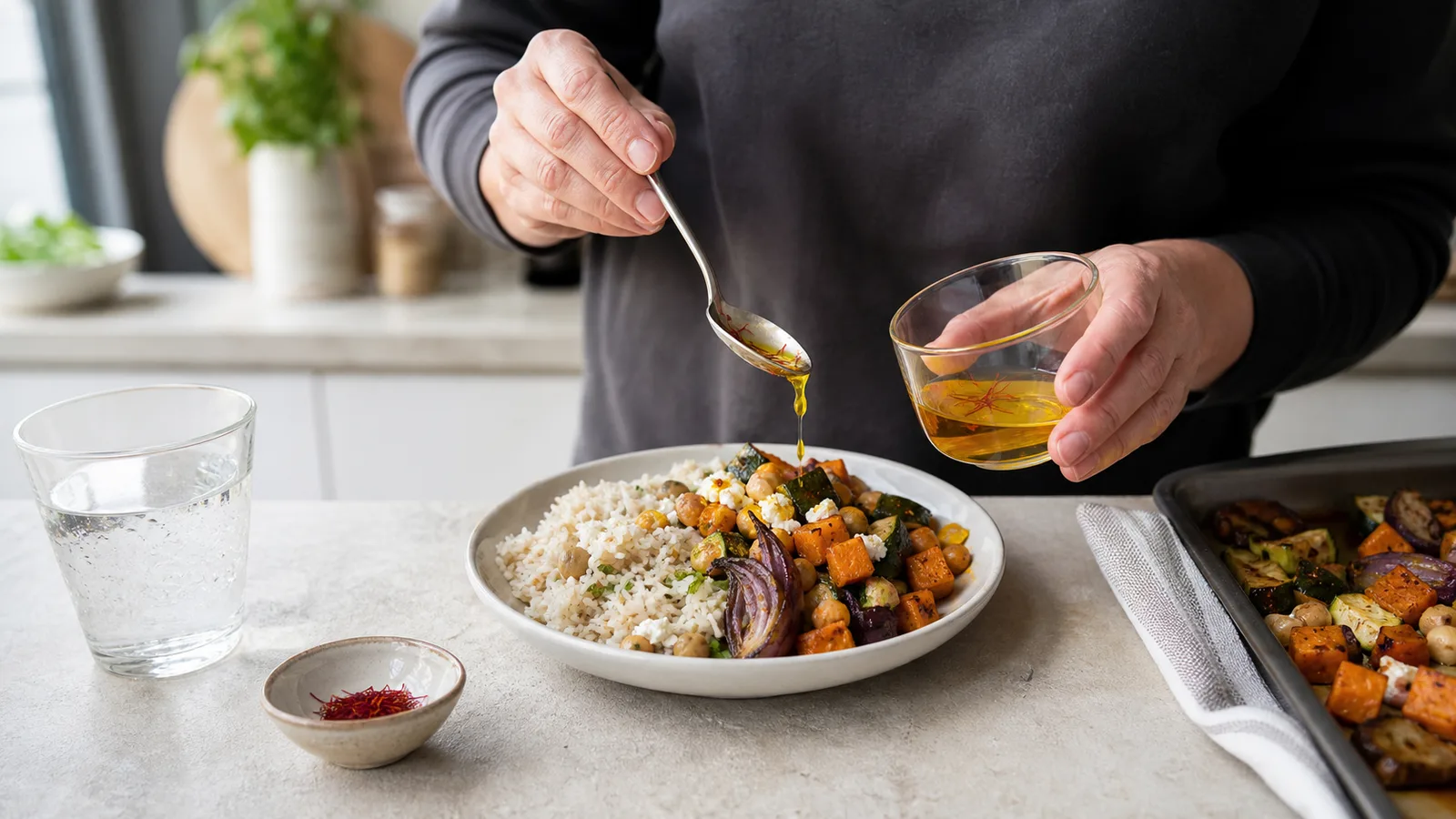 Person adding saffron infusion to a balanced bowl of rice chickpeas and vegetables