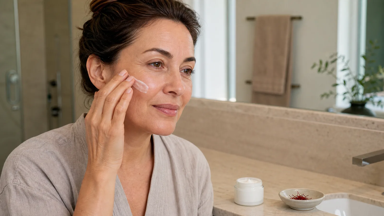 Woman applying moisturiser beside a small dish of saffron threads
