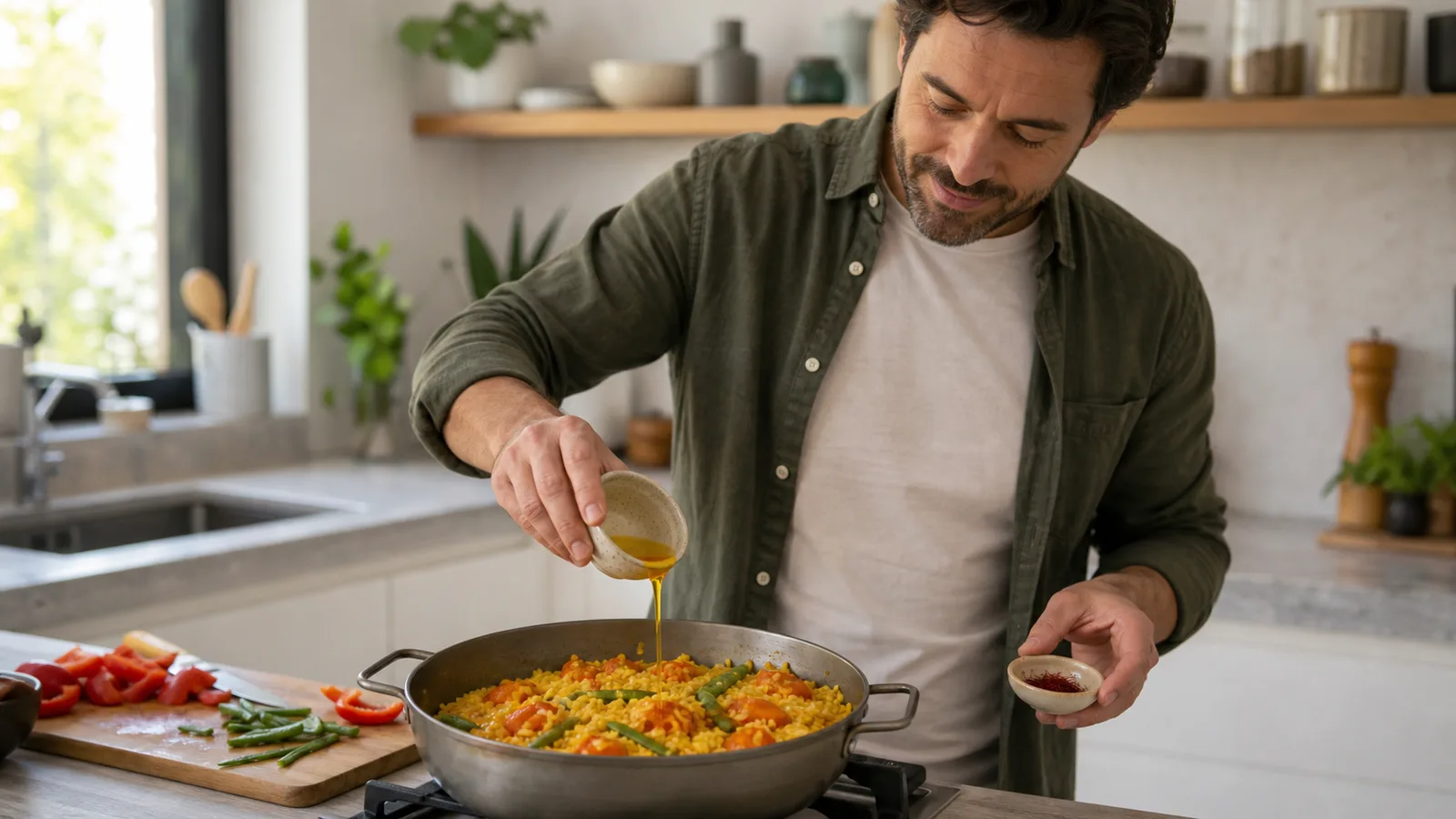 Man adding saffron infusion to a rice and vegetable dish in a modern kitchen