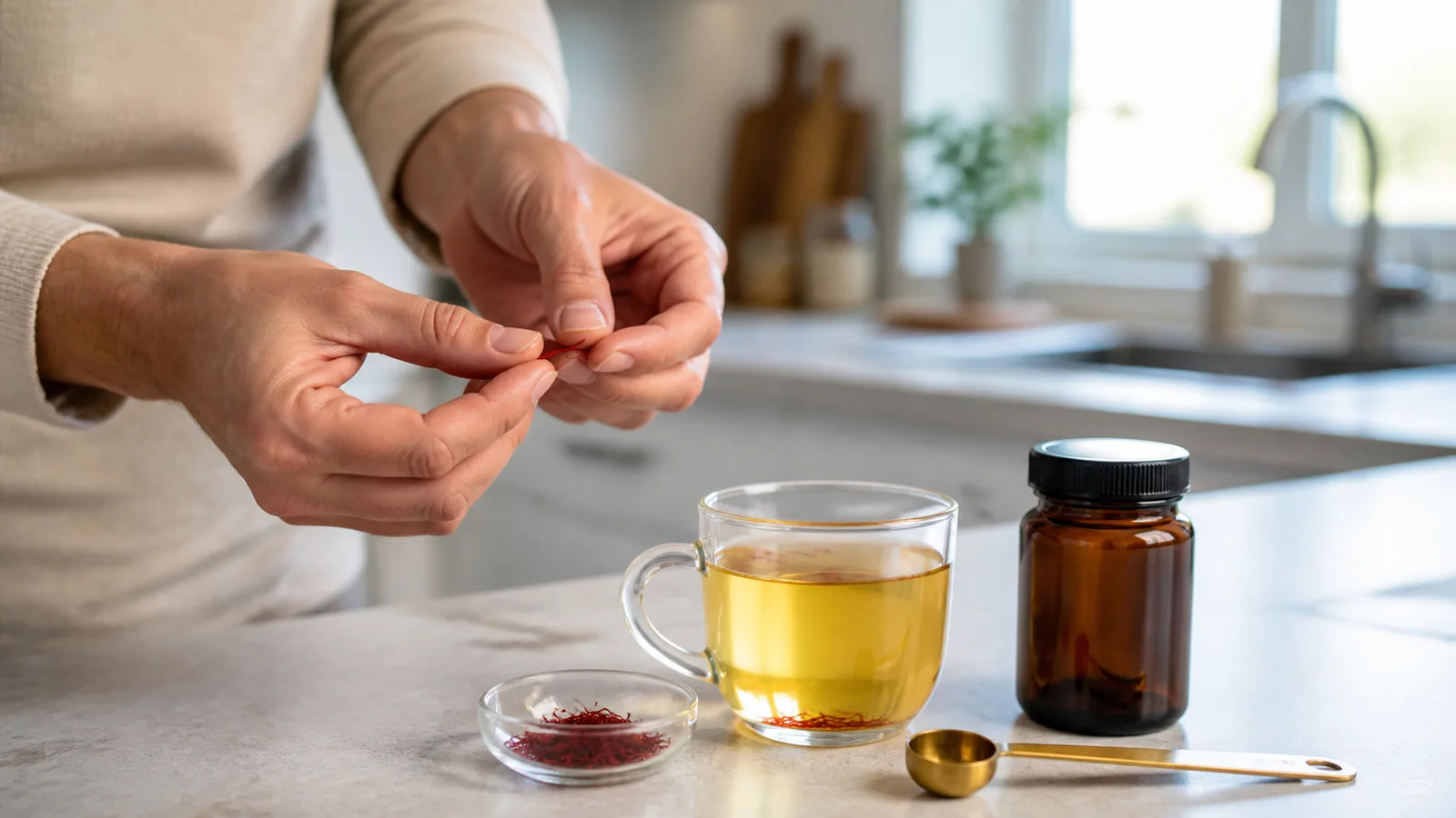 Person measuring a small pinch of saffron beside a cup of saffron tea