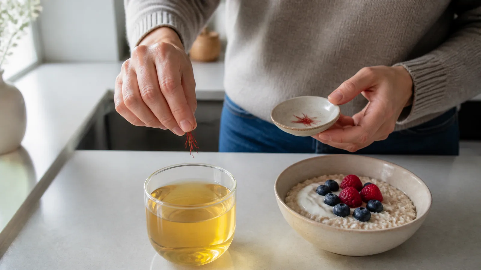 Person adding a modest pinch of saffron to warm water beside breakfast