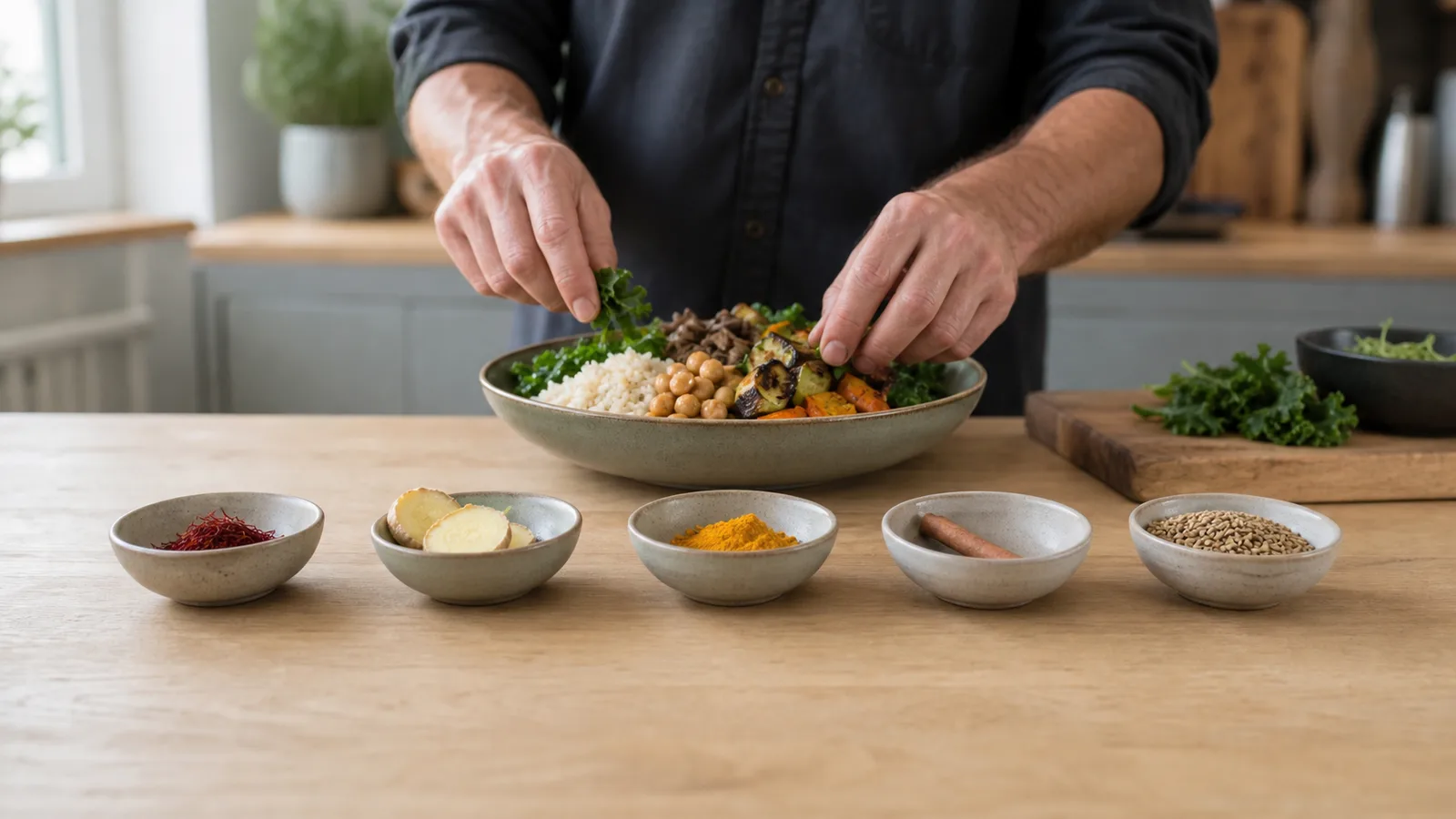 Saffron, ginger, turmeric, cinnamon, and fenugreek beside a balanced meal