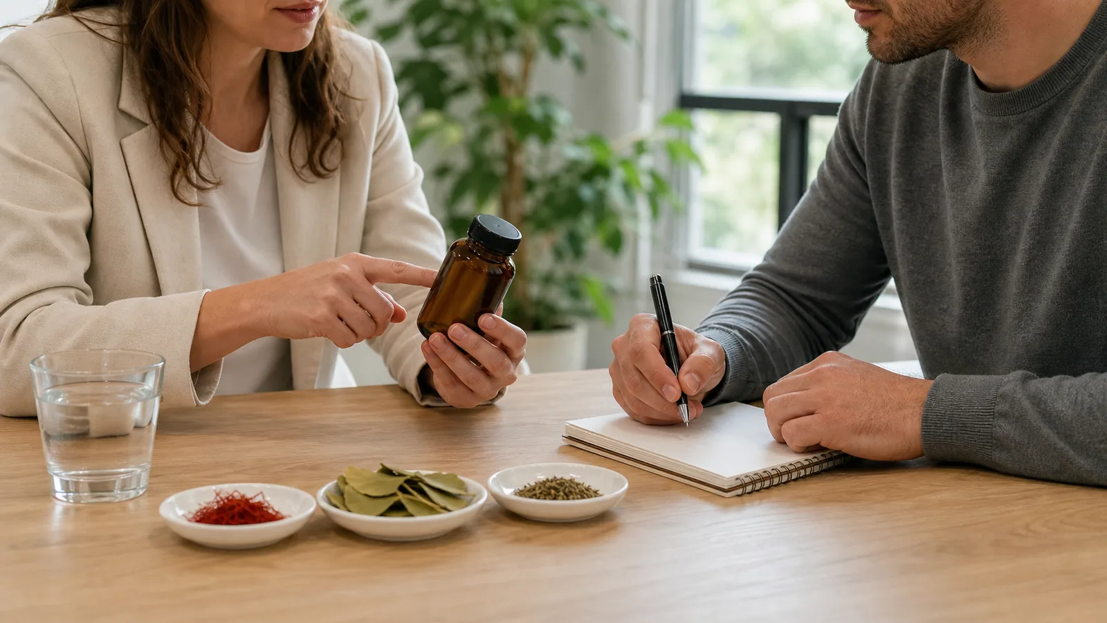 Adult reviewing an herbal supplement with a professional beside small dishes of herbs