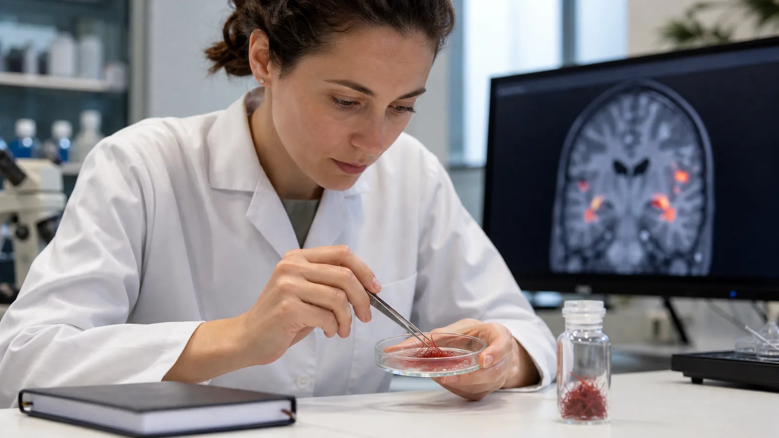Researcher examining saffron threads beside a brain scan display
