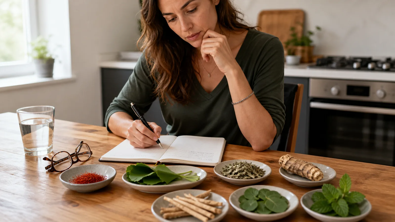 Woman comparing herbs for brain fog while writing symptom notes