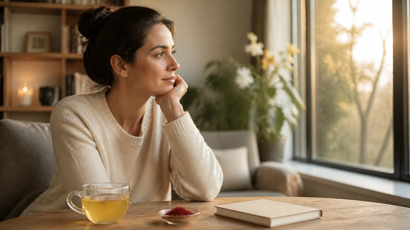 Woman reflecting beside saffron tea and saffron threads