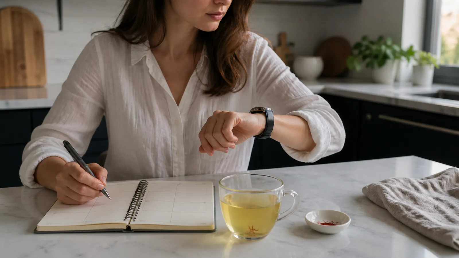 Woman tracking how quickly saffron works with tea and a planner