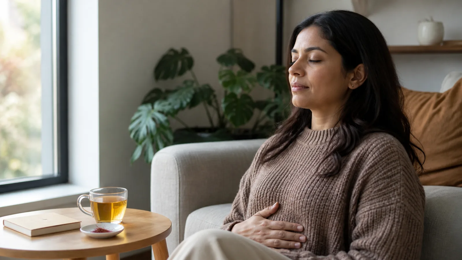 Woman taking a calm breathing pause beside saffron tea