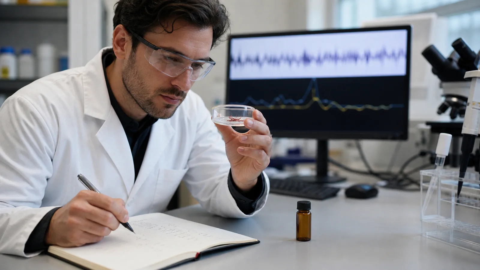 Researcher examining saffron during a GABA signaling study