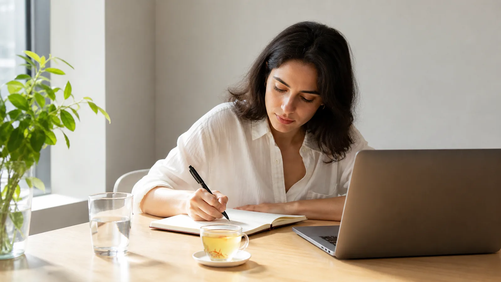 Woman concentrating on notes beside a cup of saffron infusion